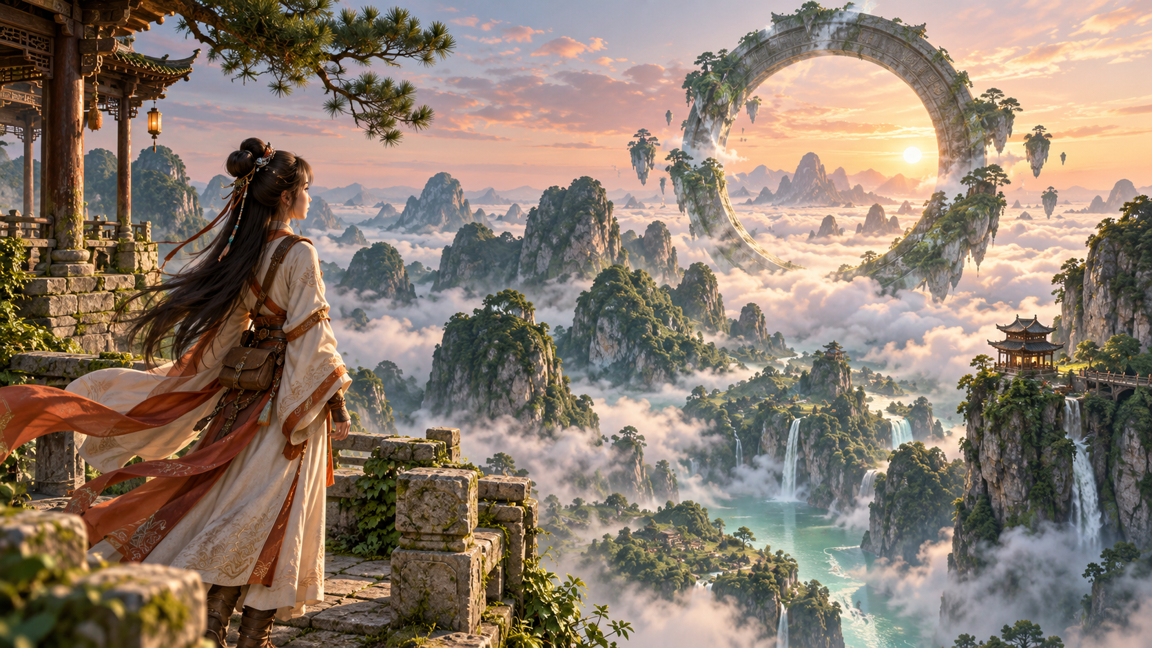 东方幻想漫剧概念：云海山峰之间的冒险者